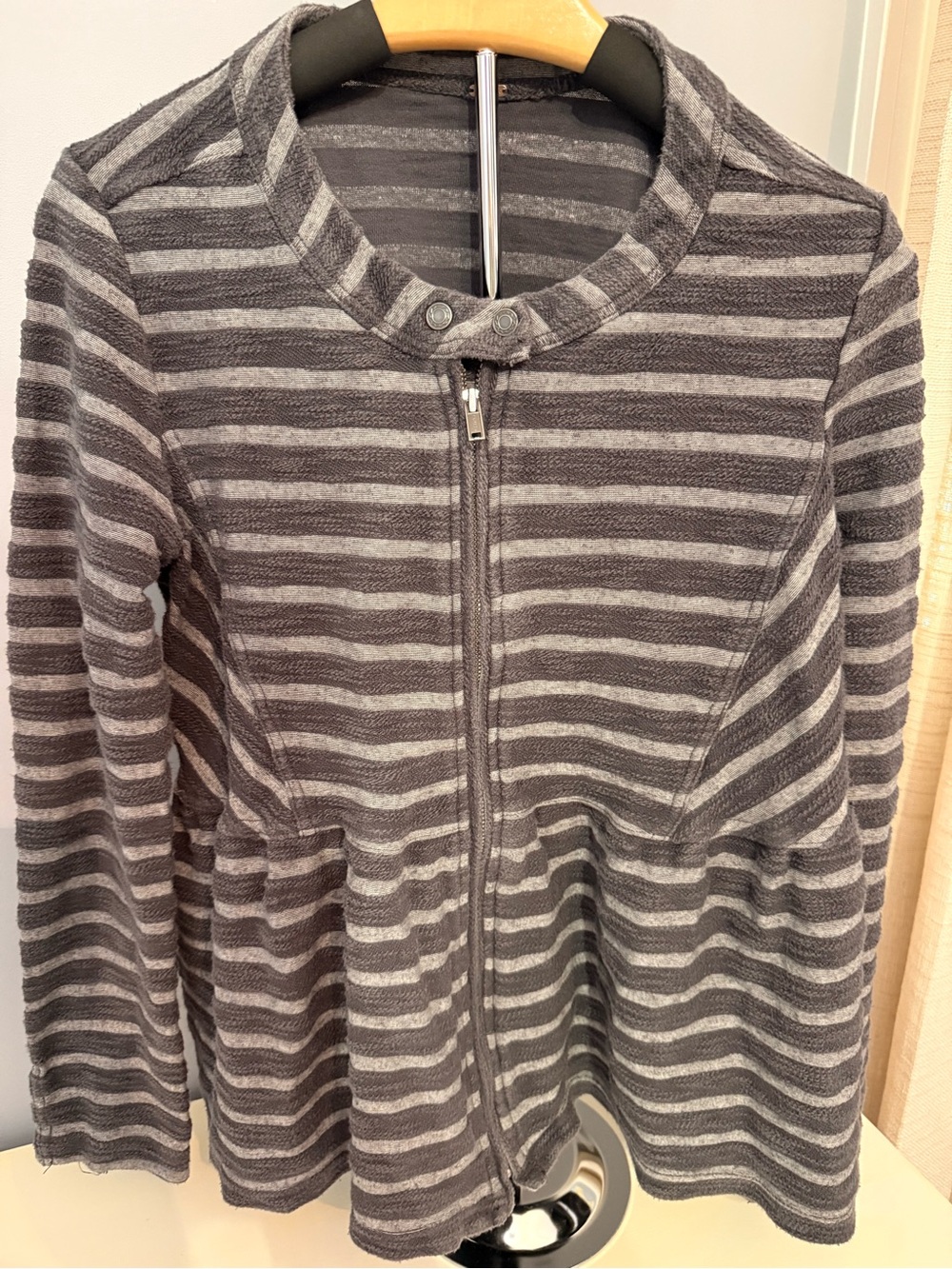Free People Striped Gray Crewneck Zip Sweater Jacket